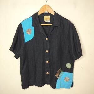 Blue Cactus Linen Button Up Shirt Hand-Painted Funky Art to Wear